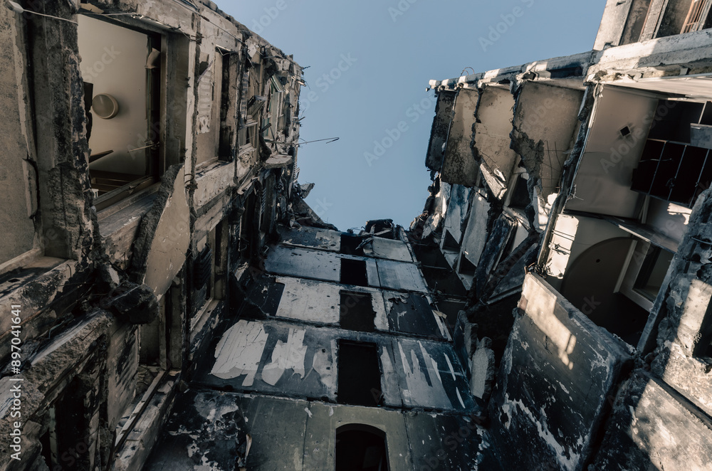 destroyed building in a city lost in the war in Ukraine destroyed building in a city lost in the war in Ukraine
