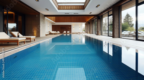 Modern indoor swimming pool with lounge chairs and large windows. The upscale indoor area features sleek design, natural light, wooden and stone accents.