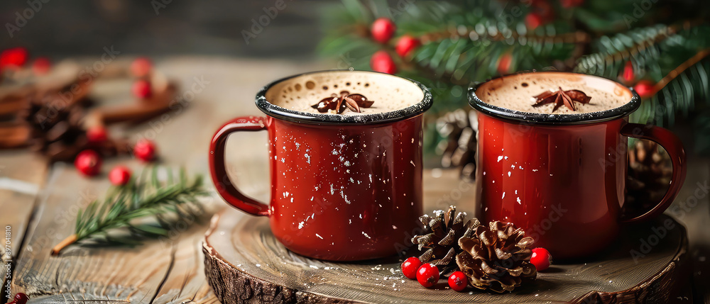 Red cup or mug with hot chocolate, coffee, tea with decorations on christmas background. Happy new year or Christmas mockup.Cozy wintertime leisure. Generative ai Red cup or mug with hot chocolate, coffee, tea with decorations on christmas background. Happy new year or Christmas mockup.Cozy wintertime leisure. Generative ai