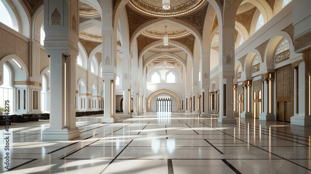 Interior of a grand hall with tall arches, ornate columns, and a highly decorated ceiling, illuminated by natural light through large windows. Interior of a grand hall with tall arches, ornate columns, and a highly decorated ceiling, illuminated by natural light through large windows.