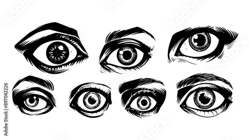 Eye vintage linocut engraving set, black vector logo eyes on transparent background