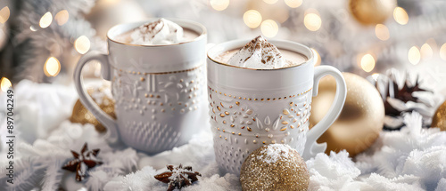 Ceramic white cup or mug with hot chocolate, coffee, tea with decorations on christmas background. Happy new year or Christmas mockup. Cozy wintertime leisure. Generative ai