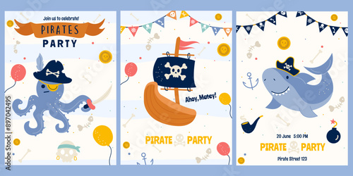 Pirate cartoon birthday party invitation with pirate ship, octopus, whale