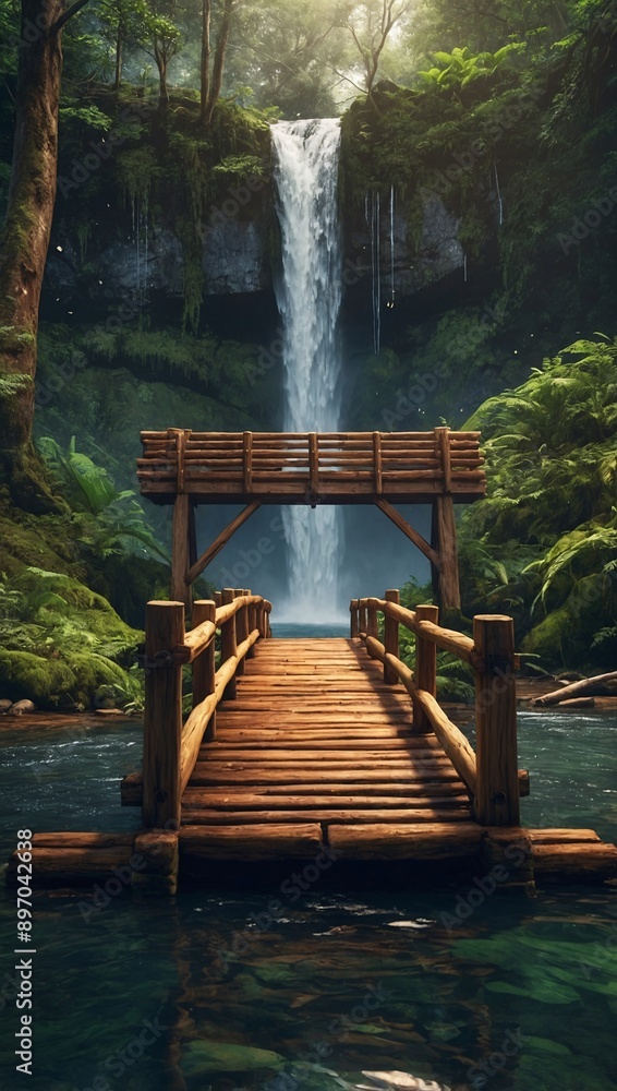 Digital illustration of a wood bridge in a deep forest near a waterfall, designed in a realistic cartoon style Digital illustration of a wood bridge in a deep forest near a waterfall, designed in a realistic cartoon style