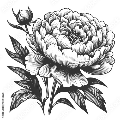 blooming peony flower with leaves, showcasing botanical elegance and beauty sketch engraving generative ai vector illustration. Scratch board imitation. Black and white image.