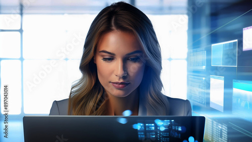 A portrait of beautiful long hair businesswoman sitting, thinking and working on her laptop at her business office Free Download A portrait of beautiful long hair businesswoman sitting, thinking and working on her laptop at her business office - GFXLoad