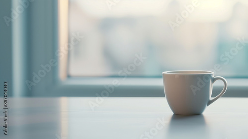 A white coffee cup placed near a sunlit window, with a serene and peaceful morning ambiance. © NaphakStudio