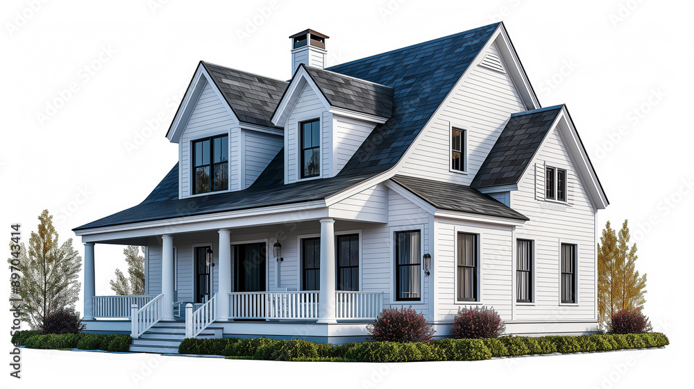 A Cape Cod house with a steep roof, dormer windows, and a classic white exterior, on white background. A Cape Cod house with a steep roof, dormer windows, and a classic white exterior, on white background.