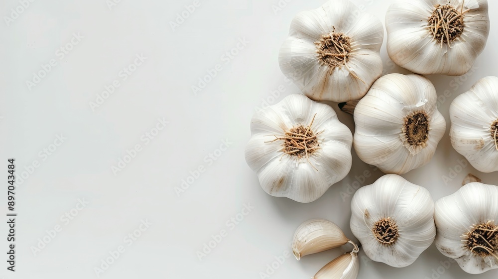 garlic on a white solid background with top view and empty space for your text garlic on a white solid background with top view and empty space for your text