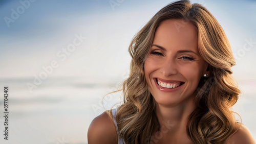 A close up portrait of beautiful woman with long wavy brown hair looks happy and smiling