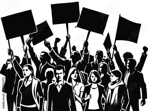 Group of people are protesting with placard silhouette