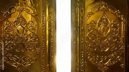 Going trough golden gate doors with bright heaven light shining. Open magic door with shining light. Gates to heaven concept 4k