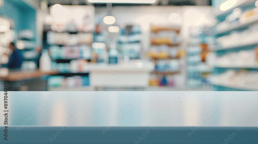 close up of empty table with blurred pharmacy shop background close up of empty table with blurred pharmacy shop background