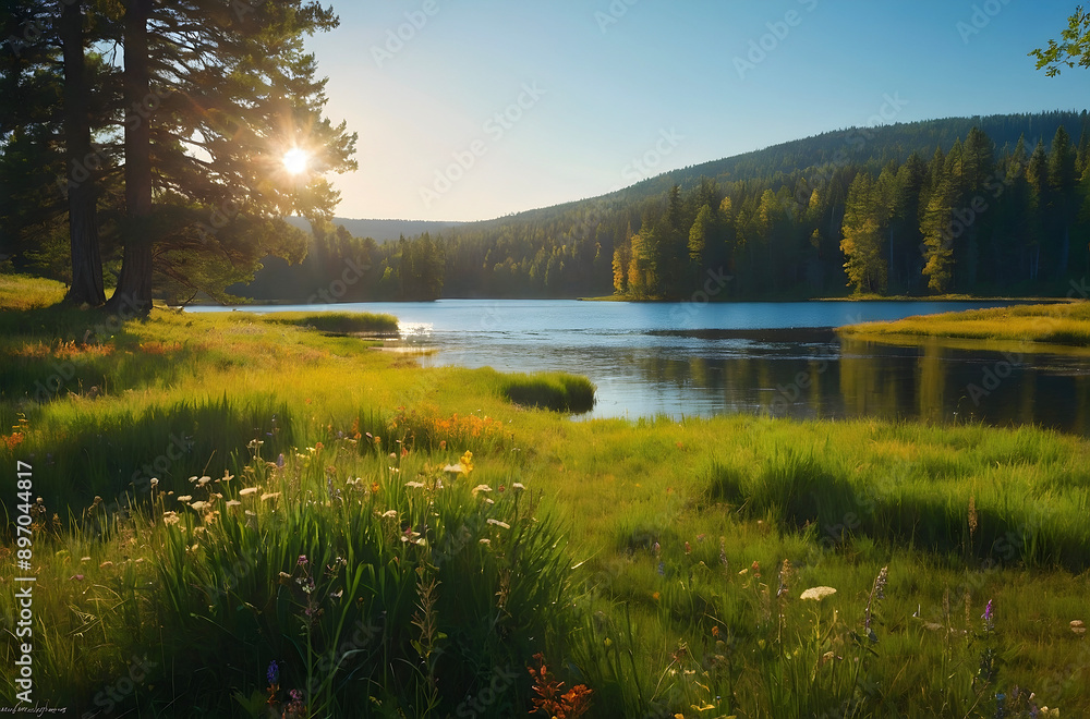 Serene Mountain Lake Surrounded by Wildflower Meadow. Serene Mountain Lake Surrounded by Wildflower Meadow.