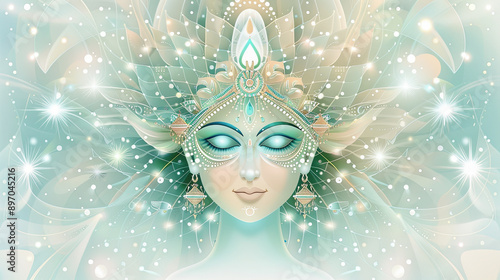 A serene illustration of a divine face with closed eyes and Navaratri themes. photo