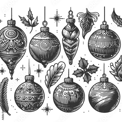 Christmas ornaments and holly branches. Detailed and ornate designs in black and white sketch engraving generative ai vector illustration. Scratch board imitation. Black and white image.