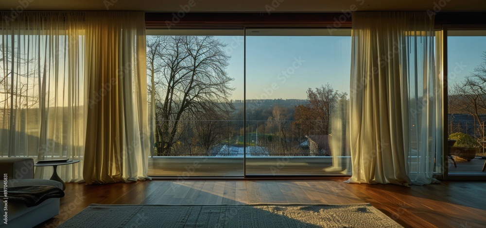 Interior of a living room with a panoramic window overlooking the lake. Interior of a living room with a panoramic window overlooking the lake.