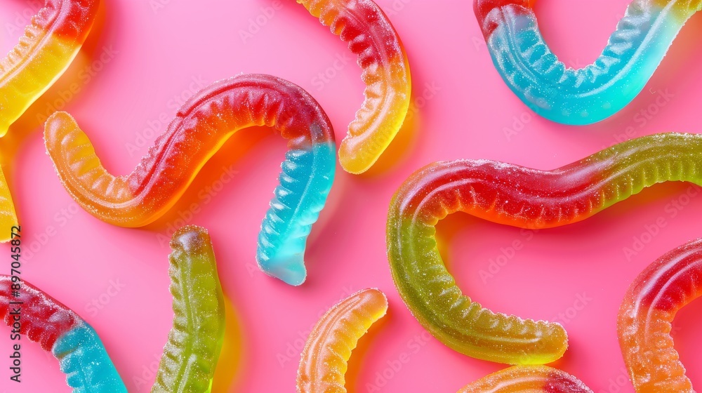 Obraz premium Vibrant Gummy Candy Worms in Bright Colorful Arrangements Ideal for Sweet Treat Illustrations and Confectionery Designs