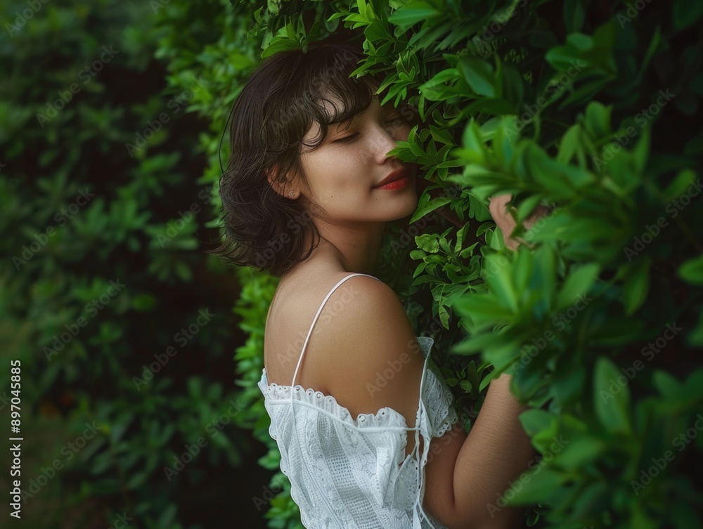 A woman stands with her eyes closed, surrounded by nature's beauty A woman stands with her eyes closed, surrounded by nature's beauty