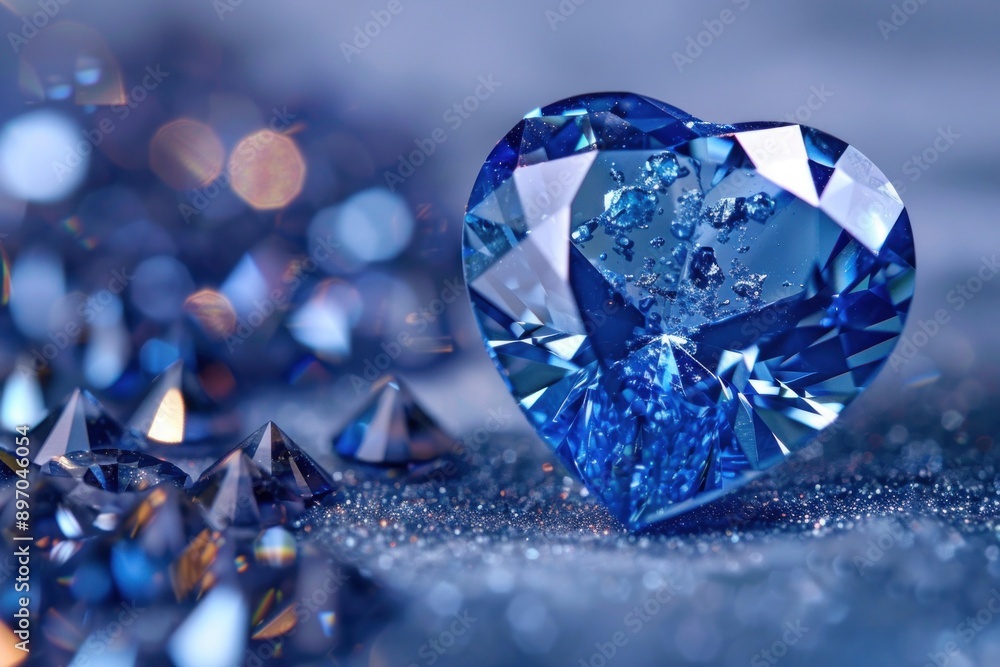 Large heart shaped blue diamond sparkling on a glittery surface, surrounded by smaller diamonds Large heart shaped blue diamond sparkling on a glittery surface, surrounded by smaller diamonds