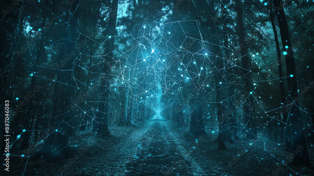 Obraz premium A luminous path through a dark web forest, symbolizing guidance in online safety