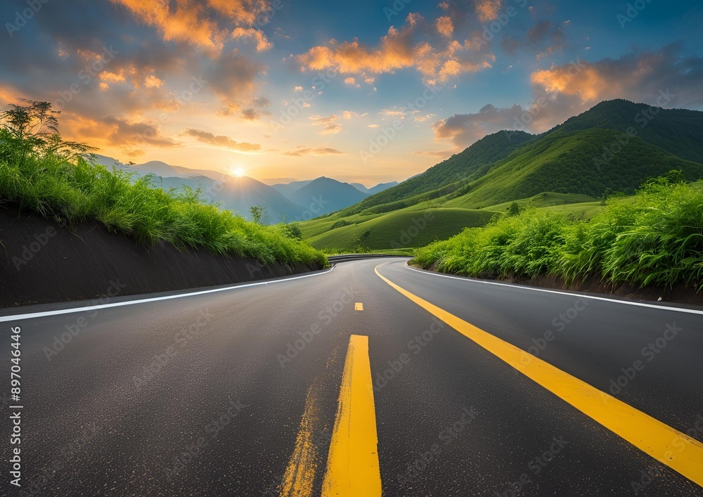 Asphalt highway and green mountains under a sky filled with clouds at sunset.