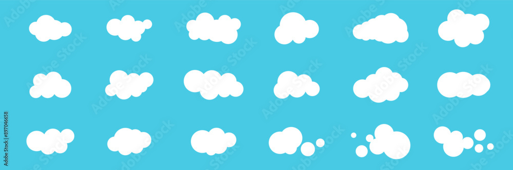 Set of white clouds on blue sky background. Cloudscape illustration. Design collection of vector icons in flat style Set of white clouds on blue sky background. Cloudscape illustration. Design collection of vector icons in flat style