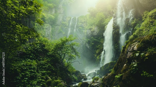 Serene Waterfall in Lush Forest © MUCHIB