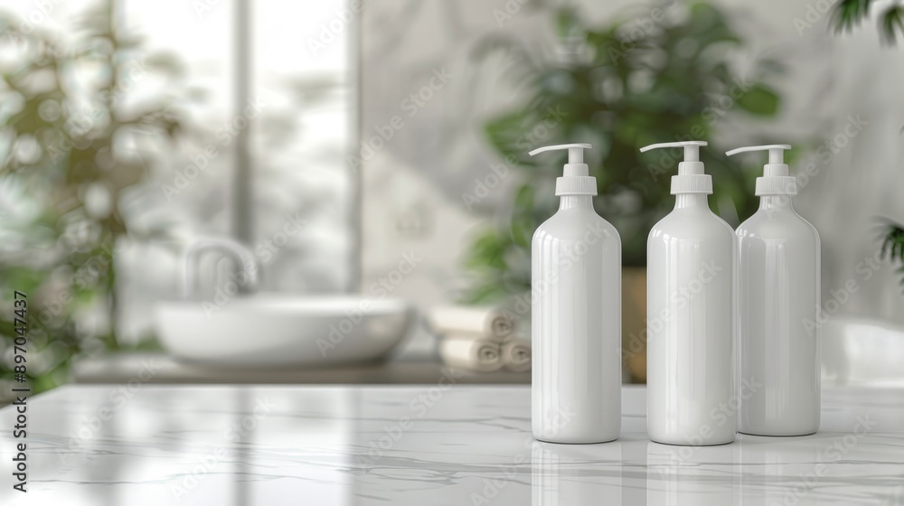 Three White Pump Bottles on a Marble Countertop Three White Pump Bottles on a Marble Countertop