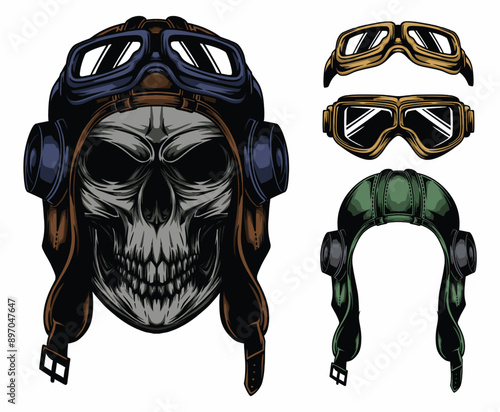 skull with vintage pilot helmet