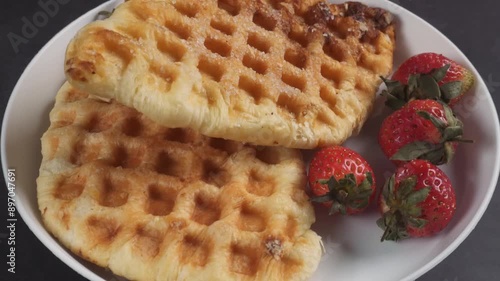 pile of croffle or waffle with strawberries in spinning white plate