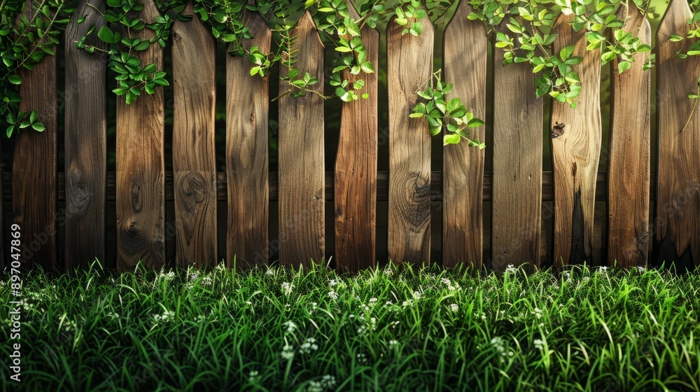 Fototapeta premium Wooden Fence and Grassy Yard