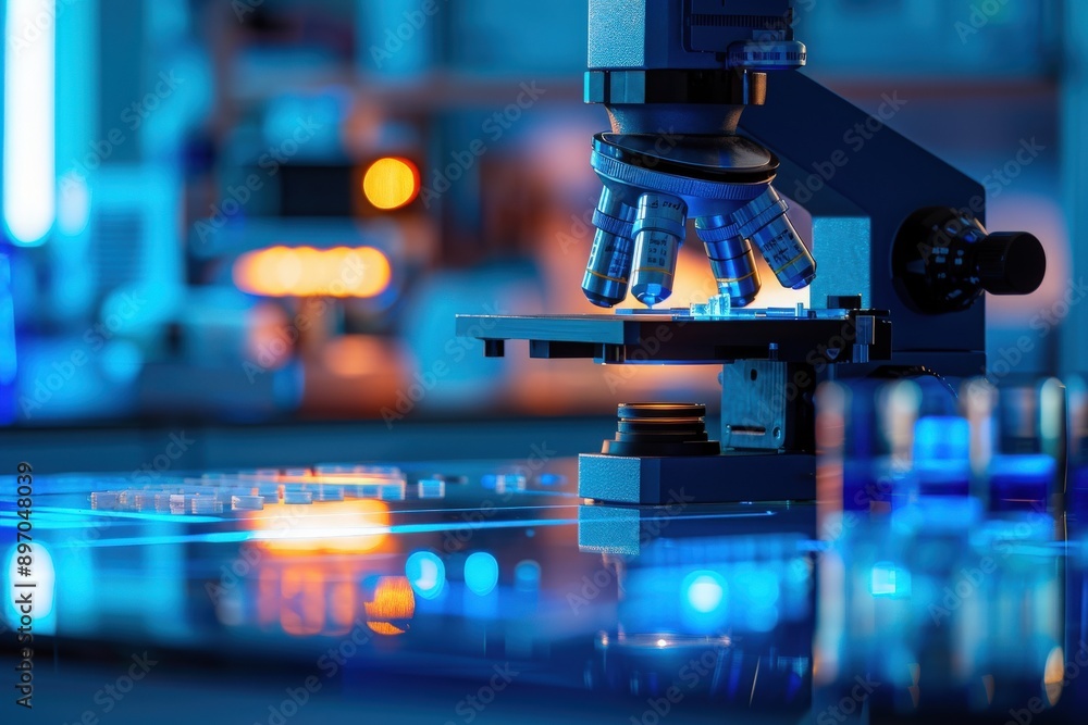 A futuristic laboratory setting, a high-powered microscope stands ready for analysis. The lens gleams with a blue light, illuminating the sleek, modern design of the equipment. A futuristic laboratory setting, a high-powered microscope stands ready for analysis. The lens gleams with a blue light, illuminating the sleek, modern design of the equipment.