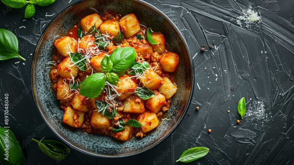 Overhead View of Potato Gnocchi With Meat Sauce Overhead View of Potato Gnocchi With Meat Sauce
