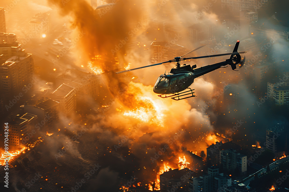 Helicopter flying over burning city in dramatic sunset Helicopter flying over burning city in dramatic sunset