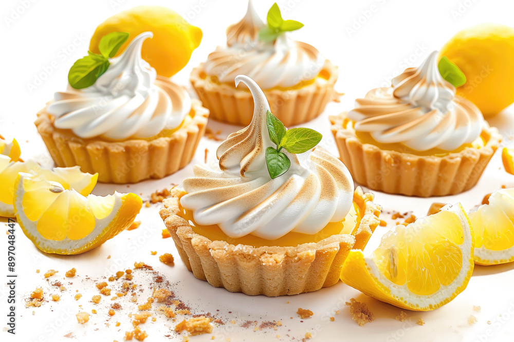 Lemon Meringue Dessert with Lime and Mint, Isolated on White Background Lemon Meringue Dessert with Lime and Mint, Isolated on White Background