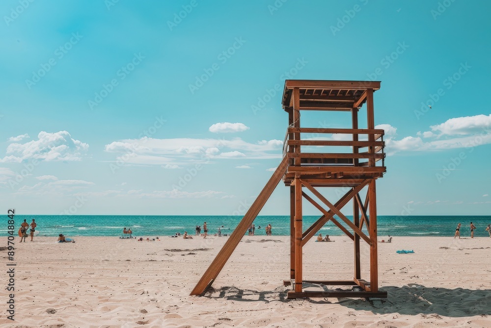 A wooden lifeguard tower stands tall on a sandy beach, overlooking the calm ocean under a clear blue sky. People relax on the beach and swim in the water on a beautiful summer day. A wooden lifeguard tower stands tall on a sandy beach, overlooking the calm ocean under a clear blue sky. People relax on the beach and swim in the water on a beautiful summer day.