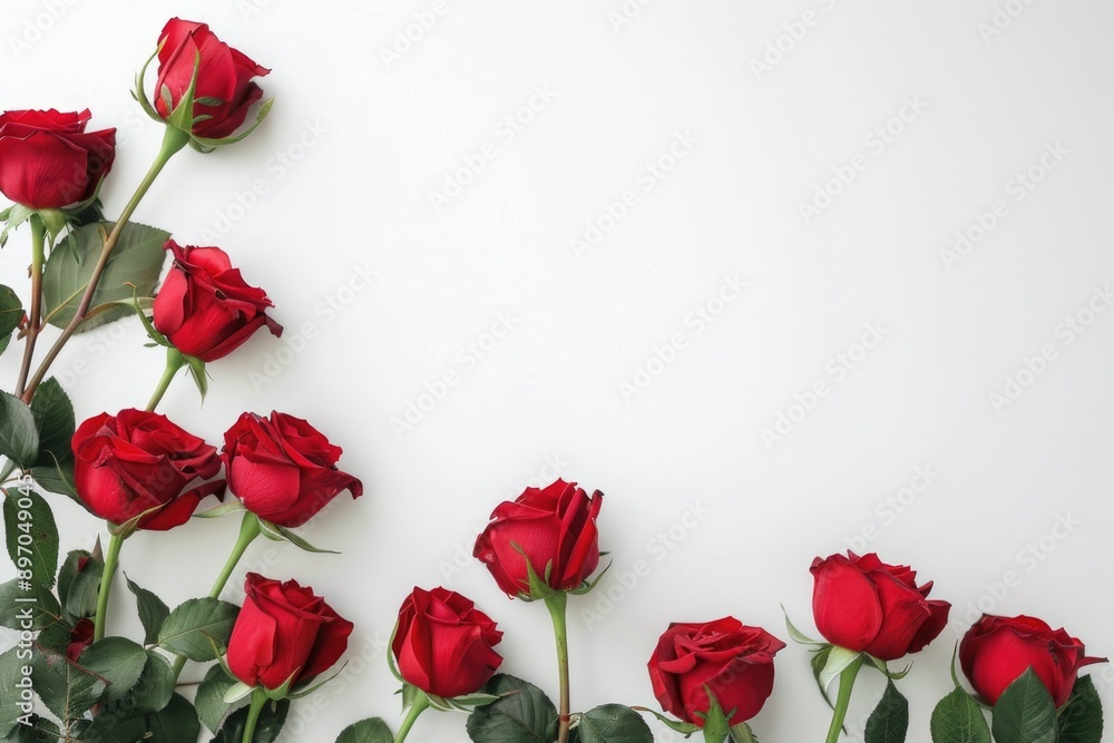 Birthday White Background. Red Roses Decoration with Space for Text Birthday White Background. Red Roses Decoration with Space for Text