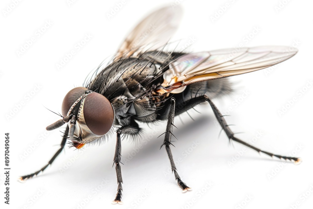 Black Fly Isolated on White Background. Macro Shot of House Fly in Nature Black Fly Isolated on White Background. Macro Shot of House Fly in Nature