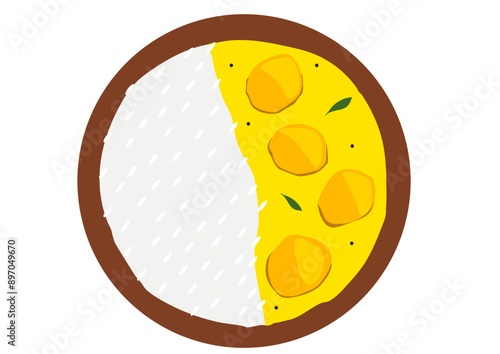 Indian Kadhi Chawal Illustration, Indian Cuisine, Indian Food, Indian meal, curd rice, kadhi rice, indian thali, kadhi chawal illustration, yummy delicious indian lunch, dinner
