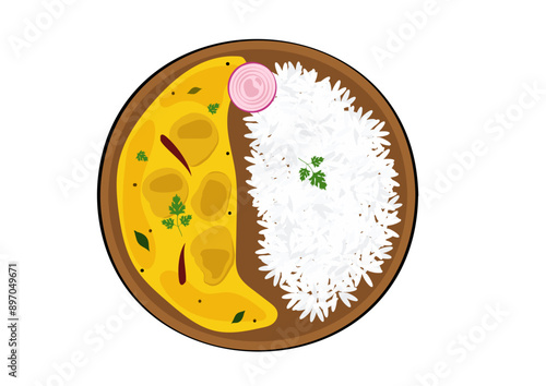 Indian Kadhi Chawal Illustration, Indian Cuisine, Indian Food, Indian meal, curd rice, kadhi rice, indian thali, kadhi chawal illustration, yummy delicious indian lunch, dinner