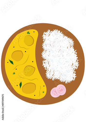 Indian Kadhi Chawal Illustration, Indian Cuisine, Indian Food, Indian meal, curd rice, kadhi rice, indian thali, kadhi chawal illustration, yummy delicious indian lunch, dinner