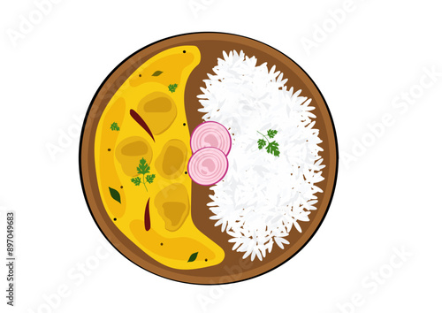 Indian Kadhi Chawal Illustration, Indian Cuisine, Indian Food, Indian meal, curd rice, kadhi rice, indian thali, kadhi chawal illustration, yummy delicious indian lunch, dinner