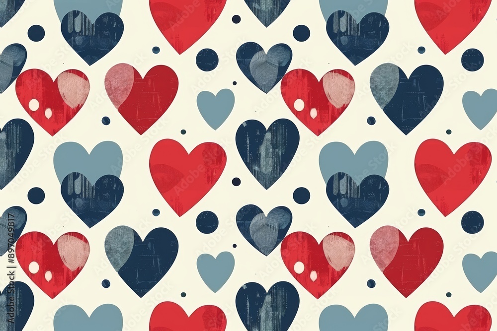 Red and blue hearts and dots on cream background, ideal for valentines or fashion prints Red and blue hearts and dots on cream background, ideal for valentines or fashion prints