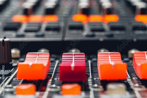 Closeup shot of a professional audio mixer with colorful faders in a studio setting photo