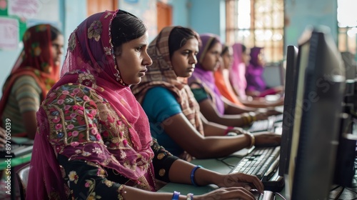 Indian Women in Traditional Attire Using Computers in Community Learning Center