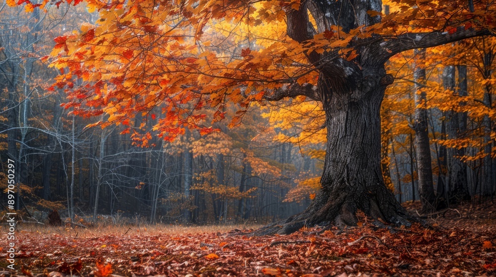 Fototapeta premium Vibrant Fall Tree in a Foggy Forest