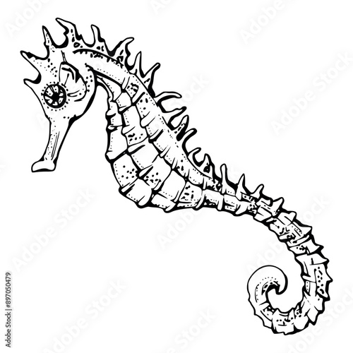 Seahorse coastal fish Marine life, sea ocean underwater creature animal, Ink and pen sketch hand drawn. Single object illustration, stylized, isolated on white. Zoo shop, aquarium, cosmetics, resort