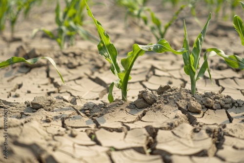 Young corn plants suffering from drought on cracked, dry soil in an arid environment