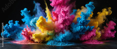 Creative Marketing Campaign, Explosion of Vibrant Colored Powder in Dark Background, Abstract, Colorful, Explosion, Powder, Vibrant, Art, Creative, Dynamic, Energy, Festival, Paint, Contrast
